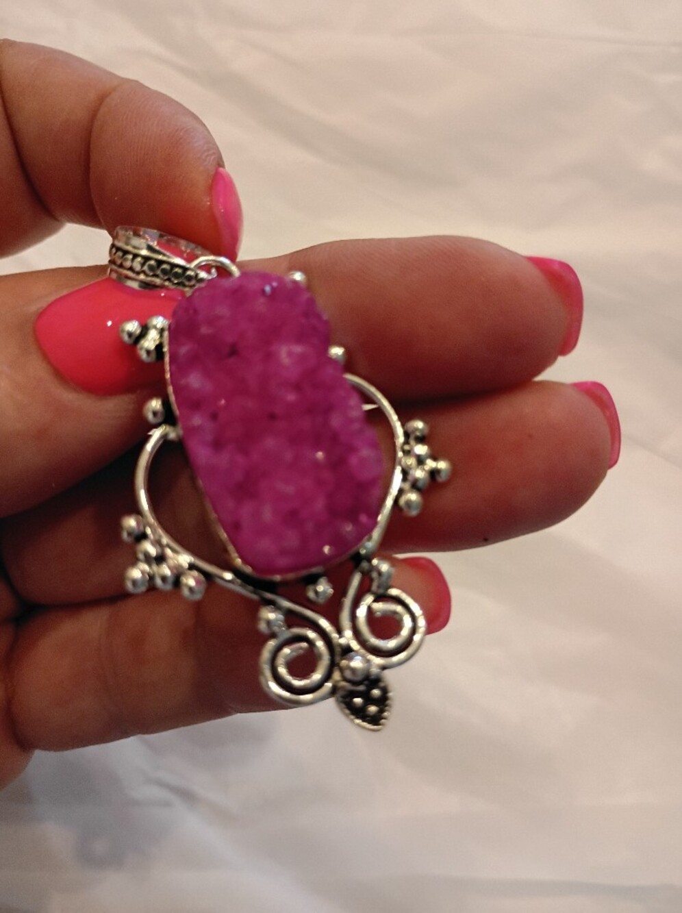 Hot Pink Druzy Pendant Ornate Style Setting